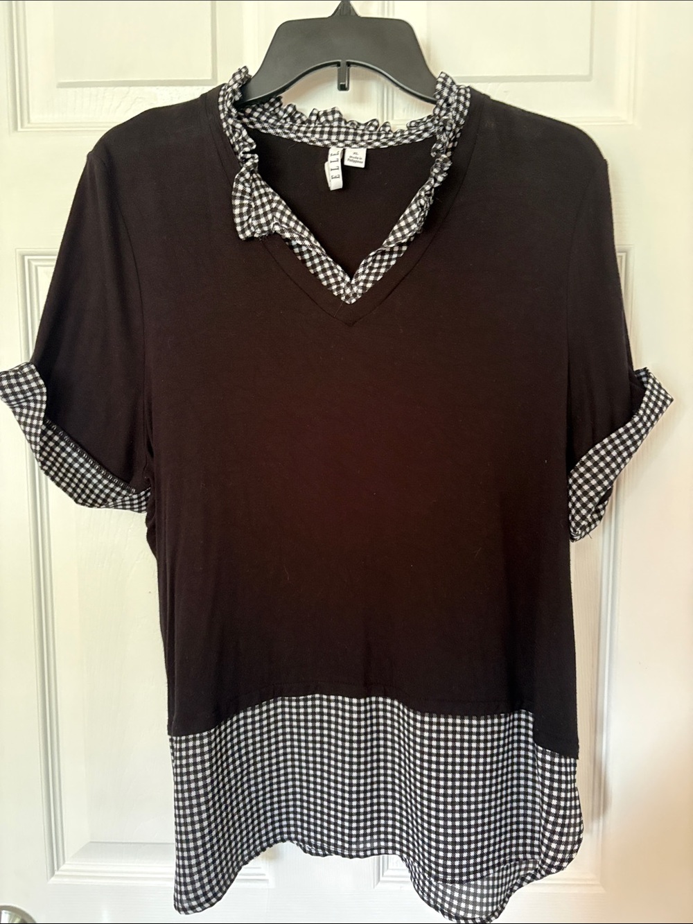 Elle Black V-Neck Layered Top with Black-and-White Gingham Trim